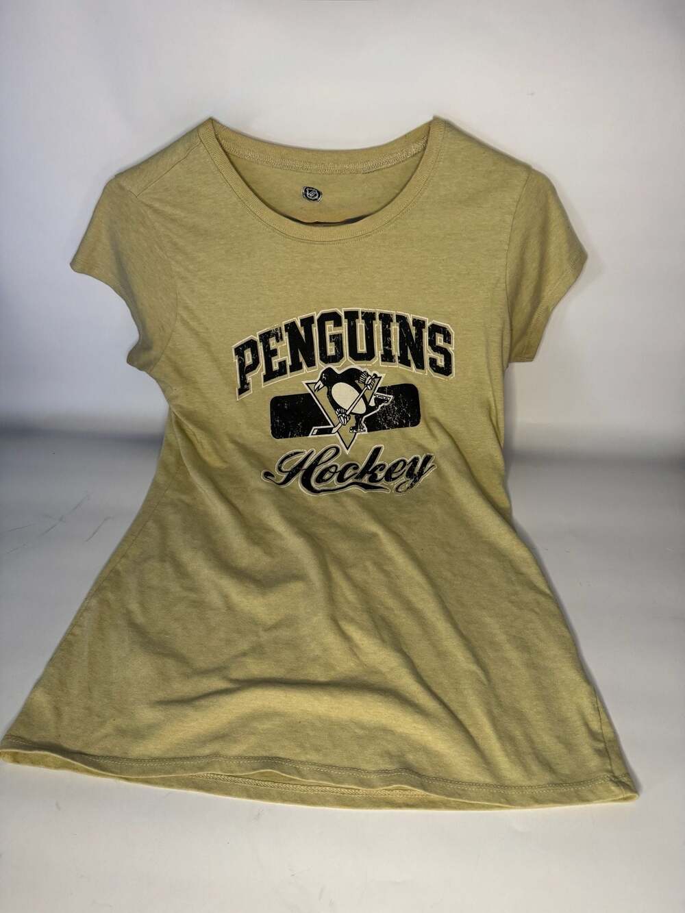Officially Licensed NHL Pittsburgh Penguins Women's Distressed Graphic Short Sle